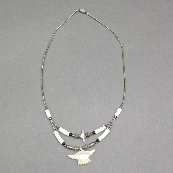 Vintage Southwestern Bird Fetish Necklace 18" Hand Carved MOP Heishi Beads - Picture 3 of 11